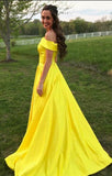 Elegant Yellow Off The Shoulder Satin A Line Princess with Pockets Prom Dresses