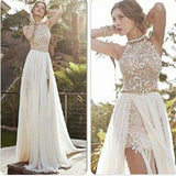 Sexy Lace Backless Long Chiffon High Neckline Halter Side Slit Prom Dress