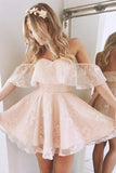 A-Line Off-the-Shoulder Short Pearl Pink Lace Homecoming Dress