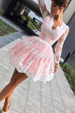 Cute A-line Long Sleeves Pink Short Lace Appliques V-Neck Homecoming Dress