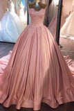 Ball Gown Pink Strapless Appliques Sweetheart Sweep Train Satin Evening Dresses