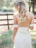 Elegant Off-shoulder Beading Sash Backless White Long Chiffon Wedding Dresses