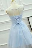 A-Line Appliques Light Sky Blue Cheap Short Tulle Homecoming Dress for Teens