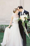 A-Line Sweetheart Court Train Sleeveless White Wedding Dress with Lace Beading