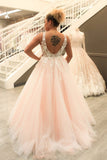 Princess V Neck Pink Long Tulle Lace Appliques Open Back Party Dress Prom Dresses