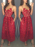 Mid-calf Red Lace Spaghetti Straps with Pockets Sweetheart Homecoming Dresses