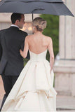 A-Line Sweetheart Strapless Backless Floor-Length Ivory Satin Wedding Dresses with Ruched