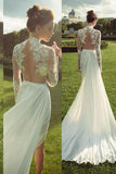 Gorgeous High Neck Long Sleeve See Through Lace Top Side Slit Ivory Chiffon Wedding Dress