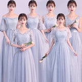 Off the Shoulder Blue Short Sleeve Tulle Bridesmaid Dresses Floor Length Wedding Party Dress