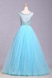 Ball Gown Blue Scoop Sequins Organza Long Prom Dresses Elegant Party Dresses