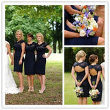 Lace Short Open Back Cheap Navy Blue Cap Sleeve Mermaid Bridesmaid Dresses