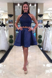 Two Piece Round Neck Short Tiered Satin Blue Open Back Homecoming Dress with Lace