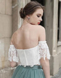 White Lace Tulle Two Pieces Off Shoulder Short Sleeve Short Prom Dress Homecoming Dress