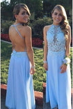 A Line Lace Bodice Backless Long Chiffon Prom Dresses