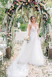 A Line Deep V Neck Spaghetti Straps Beads Backless Handmade Flower Wedding Dresses