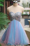 Strapless Cute Tulle Short Sweetheart Beading Blue Rhinestone Homecoming Dresses