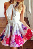 Short Halter Sleeveless Keyhole Homecoming Party Dress Printed Flowers