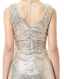 A Line Sequin V Neck V Back Sleeveless Gold Ruffles Maxi Evening Prom Dresses