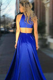 Elegant A-Line Round Neck Royal Blue Satin Open Back Prom Dresses with Split Pockets