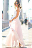 Modest Chiffon Long Blush Pink White Lace A-Line High Neck Floor-Length Prom Dresses