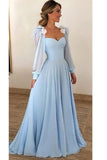 Blue Long Sleeves Sweetheart Prom Dresses A Line Long Evening Dresses