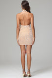 Halter V-neck Sheath Champagne Sequins Homecoming Dress