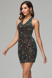 Halter V-neck Sheath Dark Green Sequins Homecoming Dress