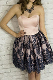 Cute A-Line Sweetheart Strapless Short Blush Satin Homecoming Dress with Appliques