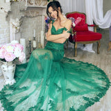 Gorgeous Green Mermaid V-Neck Lace Applique Sequins Beaded Tulle Prom Dresses