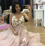 Elegant A-Line Spaghetti Straps Long Pearl Pink Appliques V Neck Backless Prom Dresses