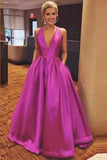 Gorgeous A Line Hot Pink Long with Ribbon Back V Neck Satin Deep V Neck Prom Dress