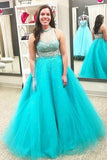 Tulle High Neck Ball Gown Sleeveless Beading Floor-Length Plus Size Dresses