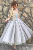 Elegant A Line Spaghetti Straps Sweetheart Tulle Grey Tea Length Homecoming Dresses