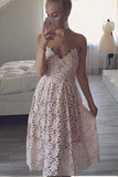 A-Line Spaghetti Straps Sweetheart Tea Length Mint Lace Homecoming Dresses