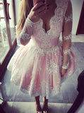 Cute A-line Long Sleeves Pink Short Lace Appliques V-Neck Homecoming Dress