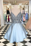 Straps Short Silver Beads Backless V-Neck A-Line Tulle Homecoming Dresses