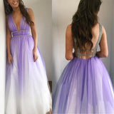 Ombre Open Back Deep V Neck Long Tulle Purple Backless Beading Prom Dresses