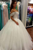 Wonderful Ball Gown Beaded Off the Shoulder Sweetheart Tulle White Wedding Dresses