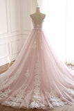 Unique A Line Pink Sweetheart Tulle Spaghetti Straps Long Lace Prom Dresses