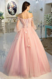 A Line Long Sleeve Pearl Pink Ball Gown Off the Shoulder Long Floral Fairy Prom Dresses