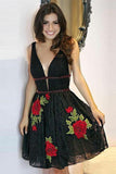 Flower Embroidered Junior V Neck Homecoming Dresses Short Black Lace Hoco Dresses