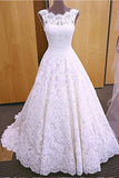 Chic Romantic Open Back A line Short Train Lace Ivory Long Wedding Dresses