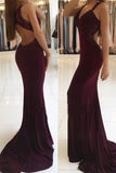 Trumpet Mermaid V-neck Jersey Appliques Burgundy Lace Open Back Prom Dresses