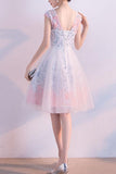 A line Short Appliques Tulle Lace Round neck Knee length Pink Homecoming Dress