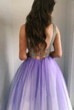 Ombre Open Back Deep V Neck Long Tulle Purple Backless Beading Prom Dresses