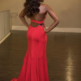 Red chiffon lace halter long slit dress evening dress for prom