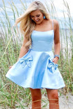 A Line Spaghetti Straps Satin Bateau Above Knee Homecoming Dresses Blue Cocktail Dresses