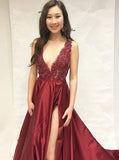 Simple A-Line Deep V-Neck Sweep Train Split Burgundy Satin Lace Prom Dresses