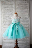 Blue Ball Gown Scoop Sleeveless Bowknot Floor-Length Tulle Appliques Flower Girl Dresses