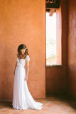 Cheap Sweetheart Beading Cap Sleeve Beads Chiffon A-Line Open Back Ruffles Wedding Dress